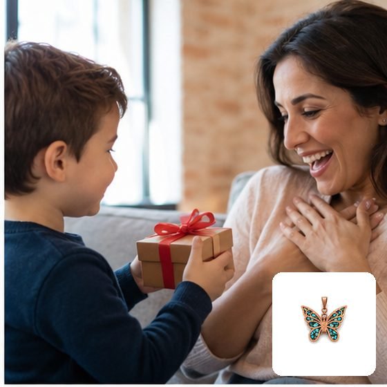 A child handing his mother a small wrapped gift. A copper butterfly pendant from the U2Remind shop is shown in the corner.