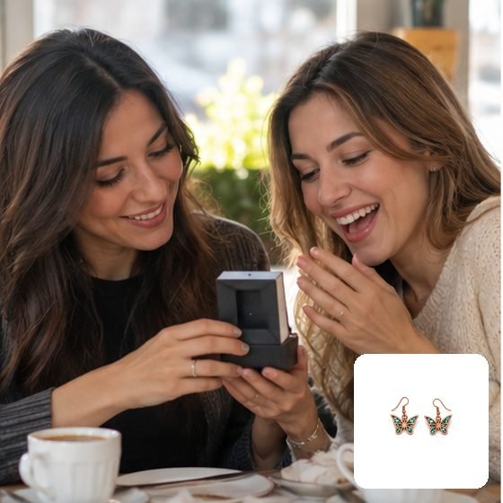Two friends opening a small gift together over coffee. Earrings from the U2Remind shop are shown in the corner.