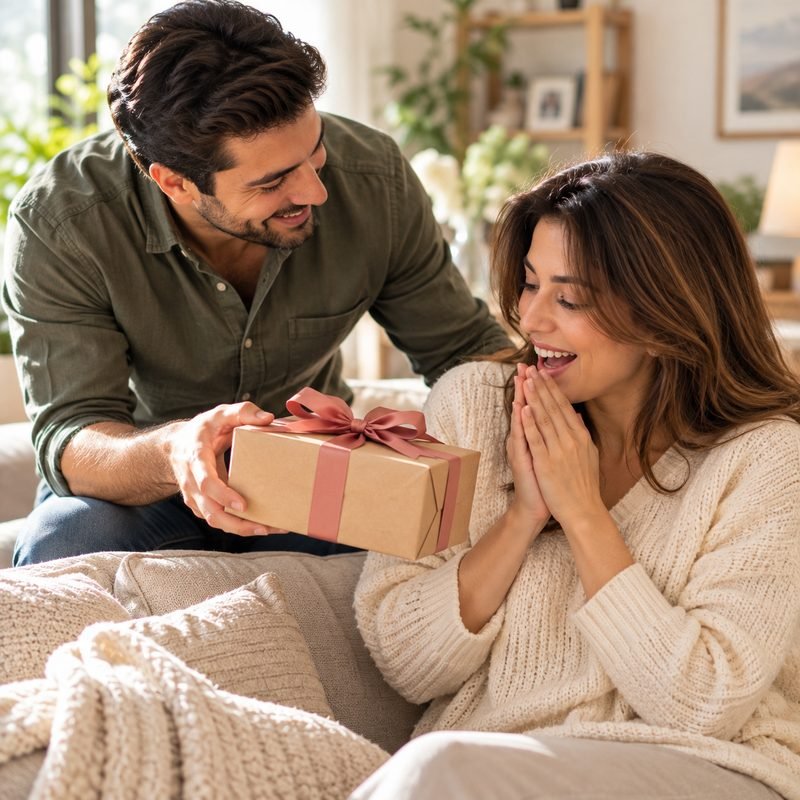 A husband surprising his wife with a wrapped gift.