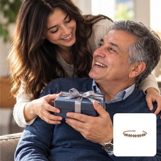 A daughter giving her father a wrapped gift. A copper bracelet from the U2Remind shop is shown in the corner.
